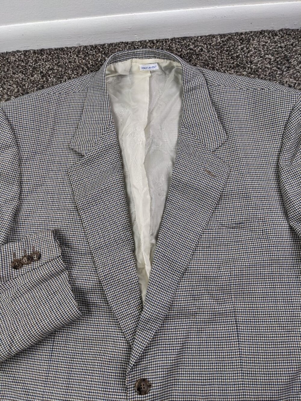 Brioni Sport Coat Blazer 100% Wool Houndstooth Checked Blue Brown 44R *Flaw